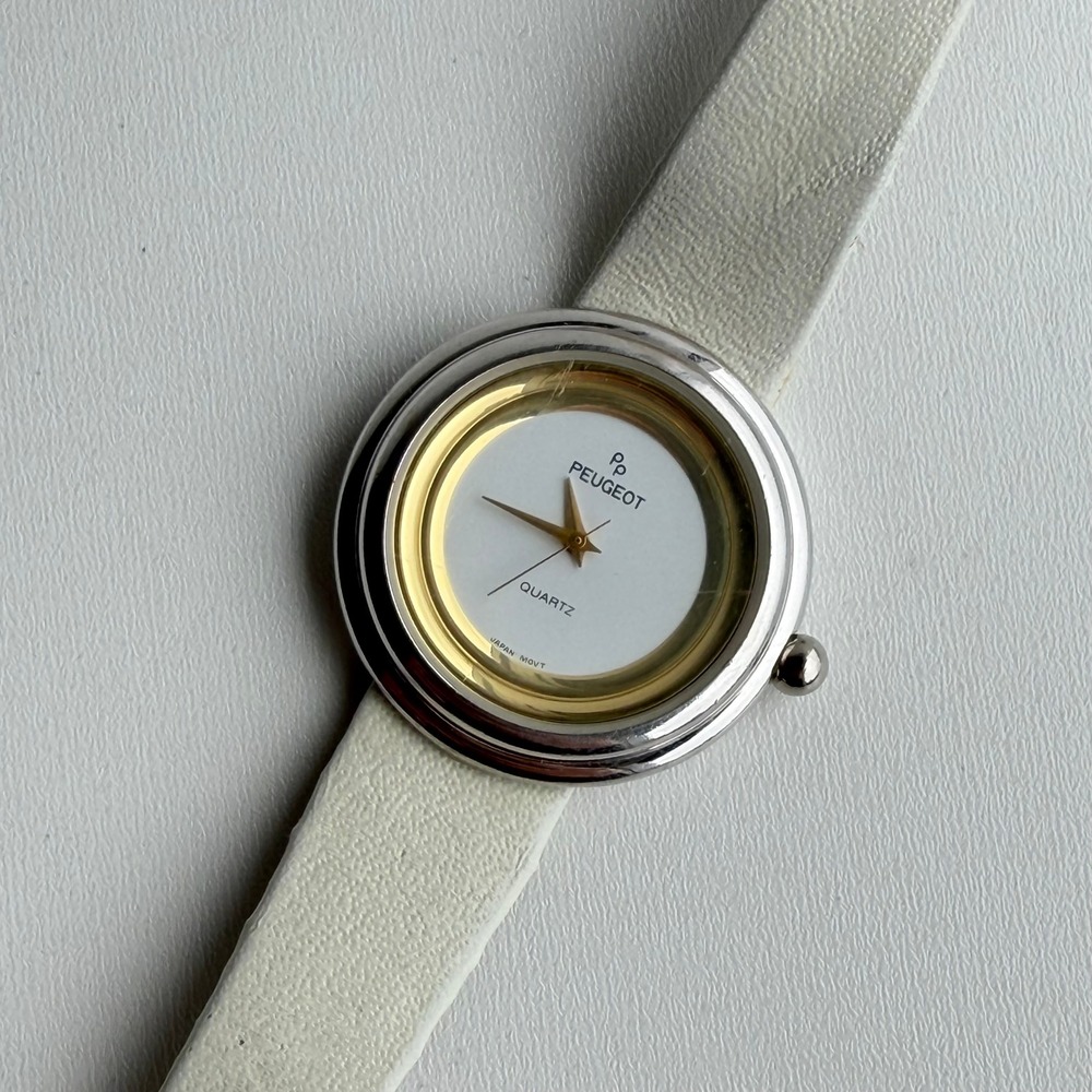 Peugeot Quartz Watch White Leather Band Gold Silver Minimalist Japan Vintage